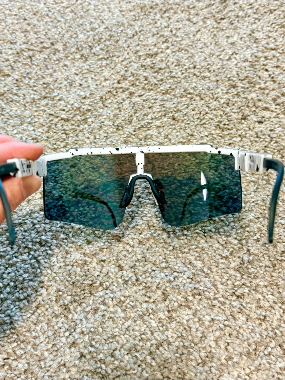 Running Cycling Shield Sport Sunglasses White Black Splatter Blue Mirror Glasses